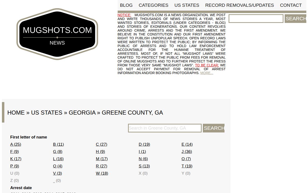Historical unofficial Greene County Georgia commercial mugshot coverage from 2011 through 2016