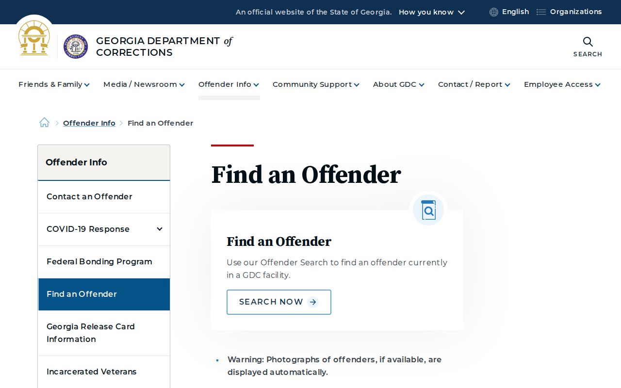 Georgia Department of Corrections offender search with state custody photo information