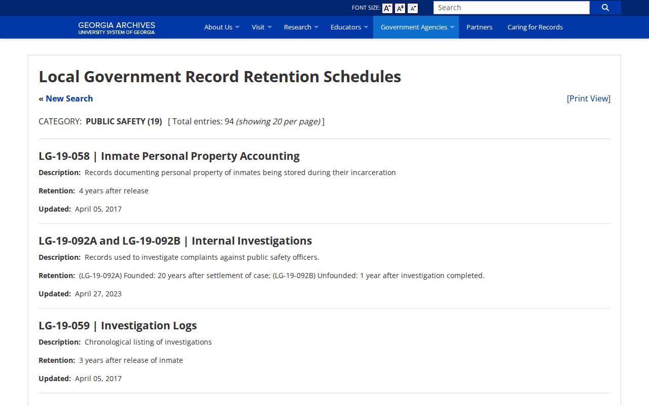 Georgia Archives jail booking records retention schedule relevant to Greene County records