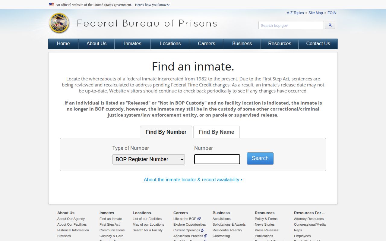Federal Bureau of Prisons locator used for federal custody, not Greene County booking photos